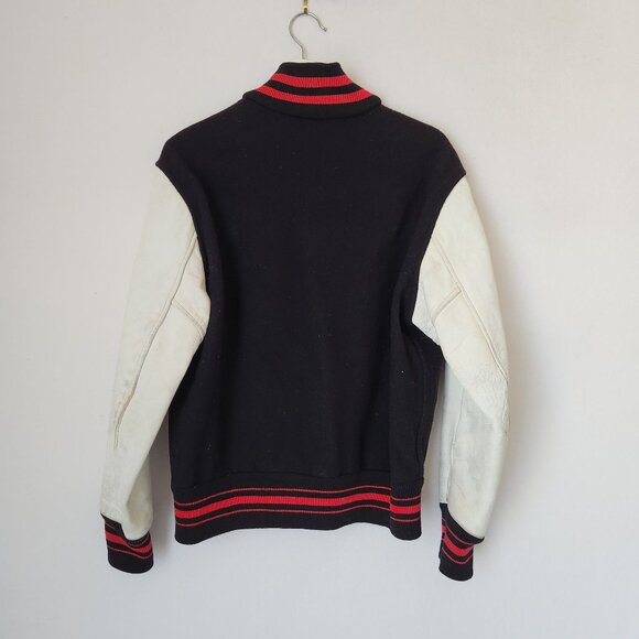 Vintage Lasley Knitting Co. Wool Leather Varsity Letterman Jacket Black White - Picture 3 of 12